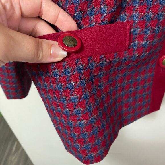 Pendleton Vintage Red & Blue Houndstooth Wool Blazer Jacket Button Closure Sz 14 - Picture 3 of 10